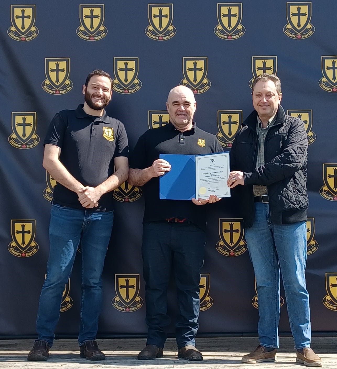Oakville Crusaders receives grant from Ontario Trillium Foundation | Left to right: Christopher Warren, Chris Tudor-Price, MPP Stephen Crawford | Oakville Crusaders Rugby Club